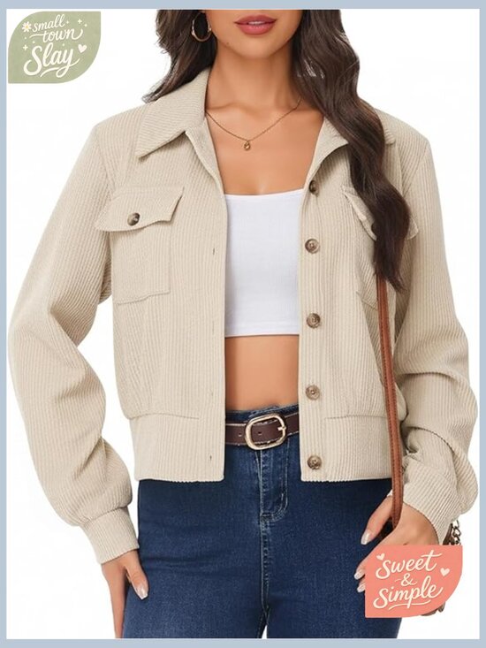 Jackets & Blazers - Cropped Corduroy Shacket Button Down Jacket Long Sleeve Casual Fall Winter